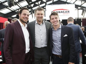 Auston Matthews (left) James van Riemsdyk (centre) and Mitch Marner are all smiles at the Marner All-Star Invitational reception last night in Toronto. (STAN BEHAL/TORONTO SUN)