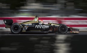 James Hinchcliffe zooms down the front straight during the first practice session for the Honda Indy Toronto in Toronto on Friday, July 13, 2018. (THE CANADIAN PRESS/Frank Gunn)