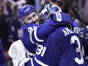 Toronto Maple Leafs centre Tyler Bozak (42) and goaltender Frederik Andersen (31) celebrate their win over the Boston Bruins in NHL round one playoff hockey action in Toronto on Monday, April 23, 2018. THE CANADIAN PRESS/Frank Gunn