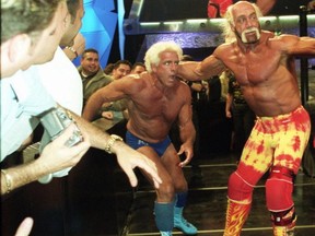 Legends in action. Ric Flair vs. Hulk Hogan. Hogan has been reinstated into the WWE Hall of Fame after being barred for making racist comments. He has apologized profusely.
