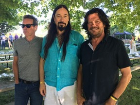 The Tragically Hip's Gord Sinclair, left, Rob Baker and Paul Langlois at The New Farm in Creemore, Ont. (Jane Stevenson/Postmedia Network)