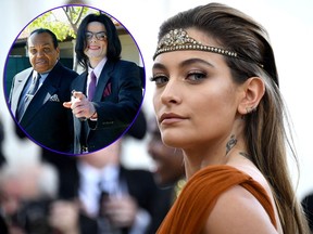 Michael Jackson's daughter Paris, is seen with the singer and her grandfather Joe (right to left, inset) in this combination shot, (Noam Galai/Getty Images for New York Magazine/Kimberly White-Pool/Getty Images)