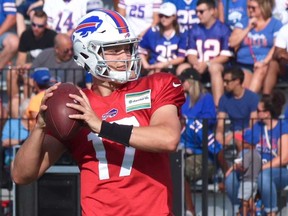 Buffalo Bills QB Josh Allen attends training camp practice at St. John Fisher College in Pittsford, N.Y., Sunday, July 29, 2018.