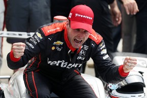 Will Power of Australia, driver of the No. 12 Verizon Team Penske Chevrolet, celebrates after winning the 102nd running of the Indianapolis 500 at Indianapolis Motorspeedway on May 27, 2018 in Indiana. (Chris Graythen/Getty Images)