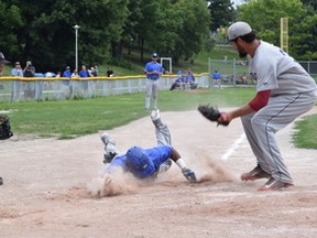 Leafs centre fielder Connor Lewis is called out at home at Christie Pits Sunday. (Max Lewis photo)