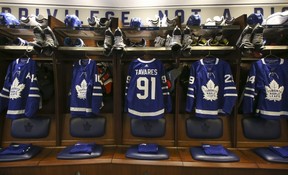 John Tavares’ jersey hangs in the Maple Leafs locker room after the free agent centre inked a seven-year, $77 million contract on the first day of NHL free agency, Sunday, July 1, 2018.