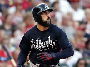 Atlanta Braves' Nick Markakis watches his grand slam during the fifth inning against the St. Louis Cardinals June 30, 2018, in St. Louis. (JEFF ROBERSON/AP)