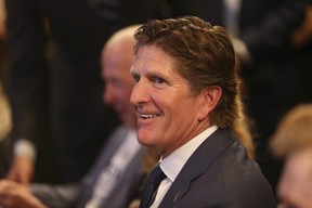 Maple Leafs head coach Mike Babcock was all smiles as the team announced the signing of free agent centre John Tavares to a seven-year, $77 million contract in Toronto on Sunday, July 1, 2018.