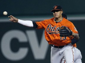 In this Saturday, May 19, 2018 file photo, Baltimore Orioles' Manny Machado throws during a baseball game in Boston.