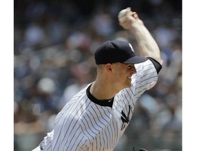 New York Yankees' J.A. Happ delivers a pitch during the first inning of a baseball game against the Kansas City Royals, Sunday, July 29, 2018, in New York.
