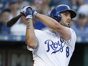 Mike Moustakas, traded from K.C. to Milwaukee on Friday, could see a power spike, but only if he can start aiming for right-centre. (AP Photo/Charlie Riedel, File)
