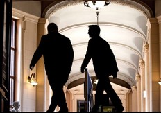 Ontario Premier Doug Ford (left) and Canadian Prime Minister Justin Trudeau make their way to their talks at the Ontario Legislature, in Toronto on Thursday, July 5, 2018. THE CANADIAN PRESS/Chris Young ORG XMIT: chy111