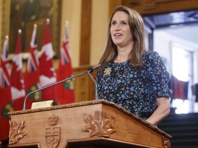 Caroline Mulroney speaks as she is sworn as Ontario Attorney General during a ceremony at Queen's Park in Toronto on Friday, June 29, 2018. THE CANADIAN PRESS/Mark Blinch