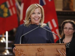 Deputy Minister and Health Minister Christine Elliott speaks during a swearing-in ceremony at Queen's Park in Toronto on Friday, June 29, 2018.  THE CANADIAN PRESS/Mark Blinch