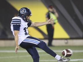 Toronto Argonauts kicker Ronnie Pfeffer says he’s been having issues with his plant foot. 
(Jack Boland/Toronto Sun)