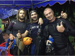 A photo on Erik Brown's Facebook page shows the Vancouver diver (left) with fellow rescuers Mikko Passi of Finland (middle) and Claus Rasmussen of Denmark (right). In his post, Brown said he dived seven missions into the Tham Laung Cave to help rescue 12 boys and their soccer coach over nine days, for a total time inside the cave of 63 hours.