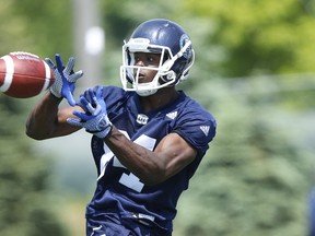 Toronto Argonauts Llevi Noel WR (84) hauls in a pass during a rout during practice in Guelph, Ont. on Thursday June 2, 2016. Jack Boland/Toronto Sun/Postmedia Network