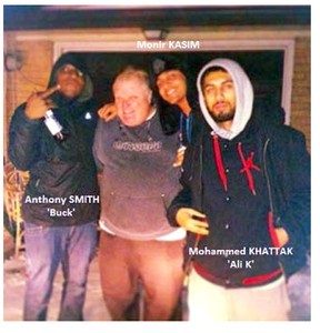 The late Rob Ford is seen in this image with Anthony Smith, who was killed outside the Loki Lounge on King St. W. on March 28, 2013, and Muhammad Khattak, who was wounded in the same shooting, and Monir Kasim. (COURT DOCUMENT-Tom Andreopoulos – Associate Chief Federal Prosecutor, Toronto Operations, Public Prosecution Service of Canada)