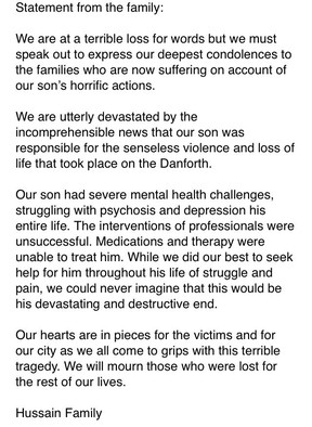 A statement allegedly from the family of Faisal Hussain
