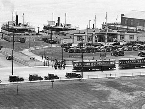 Following the TTC taking control of the Island ferry service in early 1927, the fare structure changed so that passengers could travel to and from the Island destinations of Ward’s, Centre (Island Park) and Hanlan’s Point by depositing two TTC fares upon departing the city dock. Here we see a pair of Peter Witt streetcars pictured in this 1927 photo, along with the newest members of the Commission fleet that consisted of Trillium, Bluebell, Mayflower and Primrose and several other smaller passenger and freight vessels. (Toronto Port Authority Archives)