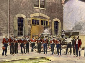 This fascinating photo, found in the Toronto Public Library’s Digital Archives Collection, is identified as Fire Hall, Toronto, Yonge St., west side, south side of Grosvenor and is dated 1874, which makes it one of the earliest photographs taken in our city. Interestingly, 1874 was the same year that a permanent and paid fire brigade was authorized by City Council. It’s possible that this photo was taken to recognize that historic event. Up until then the city was protected by volunteers. The change to a paid force cost the taxpayers almost $40,000 that first year plus fees for the horses and drivers paid under a separate outside contract. Research reveals that the fire hall in this rare photo was built in 1871 and was officially identified as Fire Hall #3. The steam engine in this view was built in Seneca Falls, N.Y., the same year this hall opened. The hall was subsequently named J. B. Boustead Engine and No. 3 Hose Company, James Boustead being the then Chairman of the Fire, Water and Gas Committee. At some point, this image was hand coloured and the members of this hall identified by inked numbers. Unfortunately, the key to the names of those first members of this historic hall has vanished. On a sad note, two of the five Toronto firefighters killed in the tragic McIntosh Feed Co. fire of July 10, 1902, Firefighters Fred Russell and Walter Collard were working out of Fire Hall #3, one of the first stations to attend the fire near the St. Lawrence Market. This event remains the worst in terms of firemen lost in one blaze. Fire Hall #3 was eventually closed and the building became the site of various businesses. A new Fire Hall #3 opened in 1926 on nearby Grosvenor St. Today, it has been renumbered as Fire Hall 314.