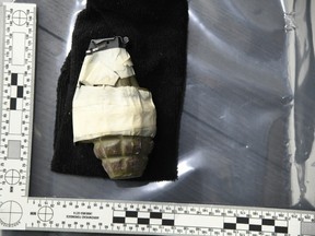 A hand grenade seized as part of a drug trafficking investigation.