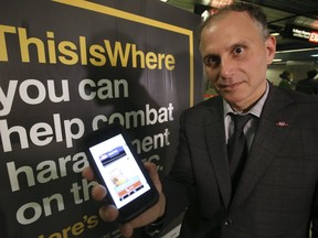 Councillor and TTC chair Josh Colle announces a new mobile app to combat harassment on September 6, 2017. (Veronica Henri/Toronto Sun)