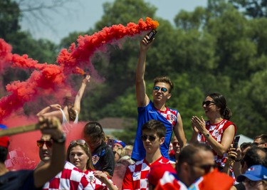 Croatian fans react to their team's second goal as they watch the World Cup Final against France on the big screen at Croatian Parish Park in Mississauga, Ont. on Sunday July 15, 2018. Ernest Doroszuk/Toronto Sun/Postmedia