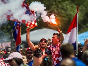 Croatian fans show their support for their team following the loss to France after watching the World Cup Final on the big screen at Croatian Parish Park in Mississauga, Ont. on Sunday July 15, 2018. Ernest Doroszuk/Toronto Sun/Postmedia