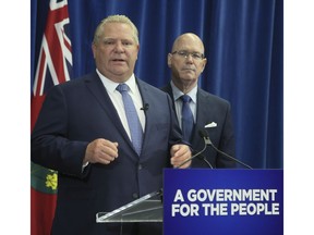 Ontario Premier Doug Ford (L) with Municipal and Housing Minister Steve Clark on July 27, 2018 in Toronto. (Veronica Henri/Toronto Sun)