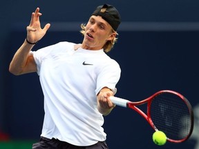 Denis Shapovalov of Canada plays a shot against Robin Haase of The Netherlands during a 3rd round match on Day 4 of the Rogers Cup at Aviva Centre on August 9, 2018 in Toronto, Canada.