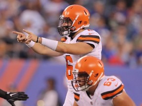 Baker Mayfield #6 of the Cleveland Browns calls out the play in the second quarter against the New York Giants during their preseason game on August 9,2018 at MetLife Stadium in East Rutherford, New Jersey.