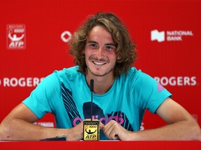 Stefanos Tsitsipas of Greece speaks to the media following his semi final victory over Kevin Anderson of South Africa on Day 6 of the Rogers Cup at Aviva Centre on August 11, 2018 in Toronto, Canada.  (Photo by Vaughn Ridley/Getty Images)