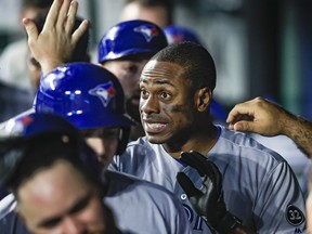 Curtis Granderson of the Toronto Blue Jays celebrates scoring a grand slam home run against the Kansas City Royals in the fourth inning at Kauffman Stadium on August 15, 2018 in Kansas City, Missouri. (Brian Davidson/Getty Images)