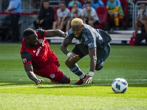 Toronto FC forward Jozy Altidore received a red card early on against New York City FC on Sunday. (THE CANADIAN PRESS)
