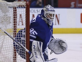 Maple Leafs' Curtis McElhinney guards the post during  a game last season. (JACK BOLAND/Toronto Sun)