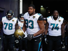 Calais Campbell (centre) and the Jacksonville Jaguars defence were outstanding last year and could be the top unit again. (GETTY IMAGES)