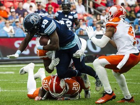Toronto Argonauts wide receiver S.J. Green (19) runs the ball against the B.C. Lions in Toronto on Saturday, August 18, 2018. (THE CANADIAN PRESS/Christopher Katsarov)