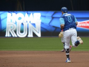Toronto Blue Jays Kendrys Morales rounds the bases after hitting a team record-breaking two-run home run against the Philadelphia Phillies during the third inning of an interleague baseball game, Sunday August 26, 2018 in Toronto. Morales broke the team record for home runs in consecutive games with his seventh straight. THE CANADIAN PRESS/Jon Blacker