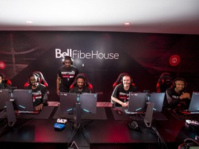 Raptors Uprising GC Trevion Hendrix, left to right, Yusuf Abdulla, Kenneth Hailey, Seanquai Harris, Christopher Doyle and Joshua McKenna pose for a photo at their Bell Fibe House in Toronto on Thursday, June 21, 2018. THE CANADIAN PRESS/ Tijana Martin