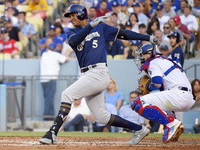 Jonathan Schoop is off to a horrible start as a member of the Milwaukee Brewers but remains worth a hefty bid in NL-only fantasy leagues. (AP Photo/Mark J. Terrill)