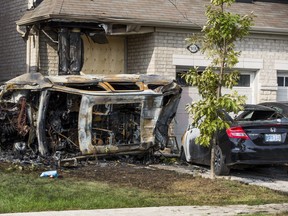 The remnants of an SUV after it crashed into a home on Creditview Rd. in Brampton, Ont. on Wednesday August 29, 2018. Ernest Doroszuk/Toronto Sun