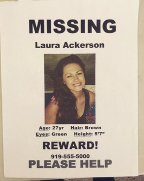 The missing poster for Laura Ackerson before her remains were found more than 1,000 miles away in Texas.