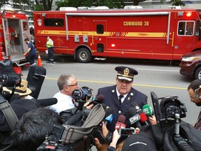 Toronto Fire Chief Matthew Pegg at the scene of a six-alarm fire on Parliament St. near Bloor St. on Tuesday, Aug. 21, 2018. (Toronto Fire/Twitter)
