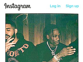 Toronto hip-hop superstar Drake wears a Hells Angels support hoodie in a photo posted on fellow rapper Travis Scott’s Instagram on Aug. 21, 2018. (Instagram)