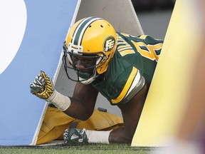 On Saturday, Edmonton receiver D’haquille Williams was flagged for objectionable conduct after he and two teammates crawled through an end-zone advertising placard following a touchdown in the Eskimos’ 40-24 victory over the Montreal Alouettes. (THE CANADIAN PRESS)