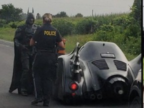 Video footage of an OPP officer pulling over “Brampton Batman” in Caledon on Saturday.