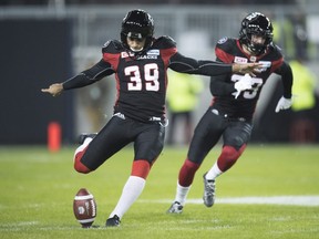 Then-Ottawa Redblacks kicker Zach Medeiros (39) kicks-off against the Calgary Stampeders during first quarter CFL Grey Cup action Sunday, November 27, 2016 in Toronto. THE CANADIAN PRESS/Frank Gunn