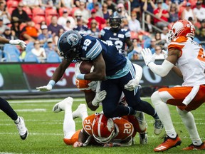 Toronto Argonauts wide receiver S.J. Green (19) runs the ball in first quarter CFL action against the BC Lions, in Toronto on Saturday, August 18, 2018. THE CANADIAN PRESS/Christopher Katsarov