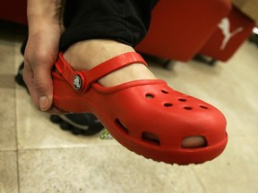 A sample of Crocs shoes on display in a midtown New York City shoe store 21 February 2007. Crocs is an American company founded by Lyndon "Duke" Hanson, Scott Seamans, and George Boedecker in July 2002 in Boulder, Colorado. (TIMOTHY A. CLARY/AFP/Getty Images)